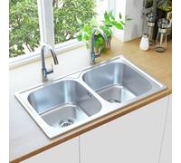 Lavello da Cucina Doppio con Filtro e Sifone in Acciaio Inox