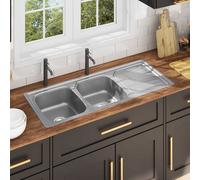 vidaXL Lavello da Cucina Doppio con Filtro e Sifone in Acciaio Inox