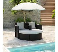 vidaXL Lettino da Giardino con Ombrellone Nero in Polyrattan