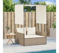 Lettino Prendisole con Tetto e Tende Beige in Polyrattan