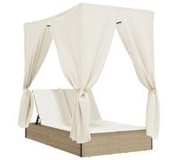 vidaXL Lettino Prendisole con Tetto e Tende Beige in Polyrattan, lettino prendisole, letto da esterno, letto da giardino, lettino da esterno