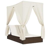vidaXL Lettino Prendisole con Tetto e Tende Marrone in Polyrattan, lettino prendisole, letto da esterno, letto da giardino, lettino da esterno