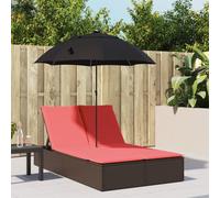 vidaXL Lettino Prendisole Doppio Cuscini e Parasole Marrone Polyrattan