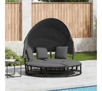 vidaXL Lettino Prendisole Esterno Tetto e Cuscini Nero in Polyrattan, Lettino da Giardino, Lettino da Sole, Lettino abbronzante, Lettino