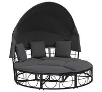 vidaXL Lettino Prendisole Esterno Tetto e Cuscini Nero in Polyrattan, Lettino da Giardino, Lettino da Sole, Lettino abbronzante, Lettino