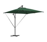 vidaXL Ombrello cantilever verde 2,49 m x 2,5 m in acciaio verniciato, poliestere, solare LED, con inclinazione regolabile e corde di protezione dal vento. Base trasversale in antracite e manovella a