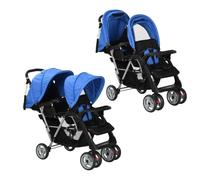 vidaXL Passeggino Gemellare in Acciaio Blu e Nero Carrozzina Tandem Bambini