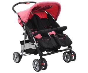 vidaXL Passeggino Gemellare Rosa e Nero in Acciaio