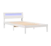 vidaXL Piattaforma bianca 90 x 190 cm in legno di pino massello con strisce LED colorate e USB, finitura opaca, facile da assemblare e con testiera per una camera da letto moderna.