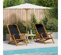 vidaXL Set di Sedie da Spiaggia Pieghevoli | 2 Pezzi | Ergonomiche e Portatili in Legno di Acacia e Textilene | Colori Marrone e Nero | Sdraio con Bracciolo Reclinante