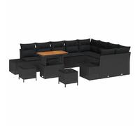 Set Divano da Giardino da 12 Pezzi con Cuscini Nero Polyrattan Acacia, Set da Pranzo da Giardino da 3 Pezzi con Cuscini Nero Polyrattan Acacia, Divano da Giardino a Due Posti con Cuscini Nero Polyrat