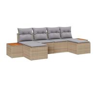 vidaXL Set da Giardino 6 Pezzi con Cuscini Beige e Grigio Chiaro in Rattan Sintetico e Acacia, Modulari per 5 Persone, Mobili Resistenti agli Eventi Atmosferici, Fodere Rimovibili e Facili da Pulire