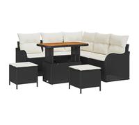 Set Divano da Giardino 8 Pezzi con Cuscini in Rattan Polirattan Nero e Acacia, Divano da Giardino 2 Posti con Cuscini in Rattan Polirattan Nero, Set da Pranzo da Giardino 3 Pezzi con Cuscini in Ratta