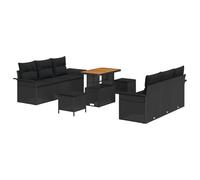 vidaXL Set di Divani da Giardino 9 Pezzi con Cuscini Rattan Poli Nero Acacia, Divano da Giardino 2 Posti con Cuscini Rattan Poli Nero, Set da Pranzo da Giardino 3 Pezzi con Cuscini RATT