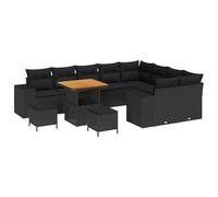 Set di Divani da Giardino da 12 Pezzi con Cuscini in Rattan Nero e Acacia, Set da Pranzo da Giardino da 3 Pezzi con Cuscini in Rattan Nero e Acacia