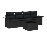 Set di 5 pezzi divano da giardino con cuscini in polirattan nero, divano da giardino a 2 posti con ripostiglio e cuscini in polyrattan nero