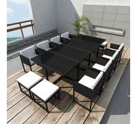 vidaXL Tavolo Sedie da Giardino 33 pz Polyrattan Nero con Cuscini e Sgabelli