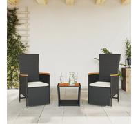 Set da Pranzo da Giardino 3 pz con Cuscini Nero in Polyrattan