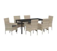 vidaXL Set da Pranzo 7 Pezzi con Cuscini in Rattan Poliestere Grigio Chiaro, Tavolo da Giardino Nero 160x80x73 cm in Vetro Temperato