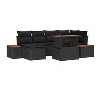 vidaXL Set da Pranzo da Giardino 7 Pezzi con Cuscini in Rattan Nero e Acacia, Tavolo Regolabile, Mobili Divano Modulare, Cuscini per Seduta, Relax in Giardino