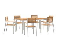 vidaXL Set di 7 tavoli da pranzo da giardino in teak massiccio, tavolo da pranzo per esterni, 180 x 90 x 75 cm, in teak massiccio, impilabili, 2 pezzi in legno di teak massiccio e acciaio