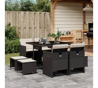 Set da Pranzo da Giardino 9 pz con Cuscini Nero in Polyrattan