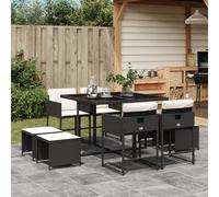 Set da Pranzo da Giardino 9 pz con Cuscini Nero in Polyrattan