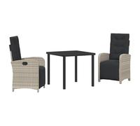 vidaXL Set da Pranzo Giardino 3 Pezzi con Cuscini in Rattan Poliestere Grigio Chiaro, Tavolo Giardino Nero 80x80x73 cm Vetro Temperato