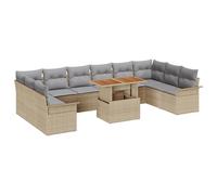 vidaXL Set da pranzo da giardino da 11 pezzi, con cuscini in beige in rattan acacia | Mobili da esterno per 8 persone Design modulare Sedute con cuscino patio e balcone tavolo rettangolare divano