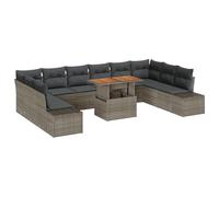 vidaXL Set da Pranzo Modulare da Giardino a 11 Pezzi con Cuscini Grigio in Polyrattan e Acacia per Uso Esterno, Spazioso per 10 Persone, Stoccaggio Nascosto e Design Elegante, Tavoli, Tavolo e Divano