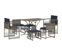 vidaXL Set da pranzo da giardino con cuscini, in polyrattan grigio e acciaio verniciato a polvere, con braccioli, sedie senza braccioli, sgabelli, contenitore compatto e sfoderabile, 7 pezzi