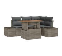 vidaXL Set da Pranzo da Giardino di 5 Pezzi con Cuscini Grigi in Poly Rattan e Acacia | Divano Sezionale da Esterno con Tavolo da Patio e Mobili Confortevoli per Una Terrazza Modulare in Legno