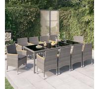 vidaXL Set da Pranzo Esterni 11pz con Cuscini Polyrattan Nero e Grigio