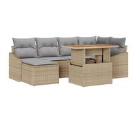 vidaXL Set da Pranzo per Il Giardino in 7 Pezzi con Cuscini Beige in Rattan Sintetico e Acacia, Mobili Modulari per Esterni Adatti per Terrazzo e Patio, Divano Lounge