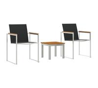 vidaXL Set da Pranzo per Patio all'aperto in Legno di Teak, Acciaio Inossidabile e textilene. Dimensioni: 45 x 38 cm. Colori: Marrone, Nero e Argento. Include Tavolo e 2 sedie. Design Moderno, resis