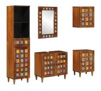 vidaXL Set di 5 mobili da bagno in legno di noce massiccio, rettangolare, design moderno, ampio spazio di archiviazione, specchio montabile a parete, per piccoli spazi e decorazioni