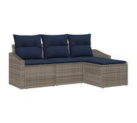 vidaXL Set di divani con cuscino, 4 pezzi, grigio e marino, in rattan sintetico, set di divani da giardino, design moderno, rettangolare, leggero, resistente ai raggi UV, con scomparti portaoggetti