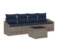 vidaXL Set di divani con cuscino 5 pz grigio e blu navy polyrattan, set lounge giardino e terrazzo, divano moderno esterno, leggero, resistente ai raggi UV, con scomparti integrati