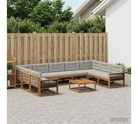 vidaXL Set di divani da esterno 10 pcs Naturale e Grigio Chiaro, Set divano da esterno, arredo giardino moderno, divano ad angolo in legno di acacia, zona relax in verande
