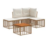 vidaXL Set di divani da esterno 5 pcs Naturale e Bianco Crema, Set divano moderno in rattan, resistente al tempo, con pad di base, lounge da esterno, design modulare