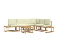 vidaXL Set di divani da esterno, 5 pezzi, bianco e crema, in poliestere, set di divani modulari da giardino, mobili in acacia, sedute resistenti alle intemperie, relax