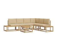 vidaXL Set di divani da esterno, 5 pezzi, in poliestere, beige, set di divani modulari da giardino, mobili in acacia, sedute resistenti alle intemperie, relax