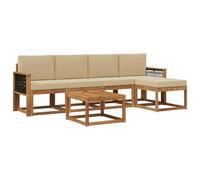 vidaXL Set di divani da esterno 6 pcs Naturale e Beige Poliestere, Set da giardino, divano in acacia moderno, robusto angolare all'aperto, divano elegante per il patio