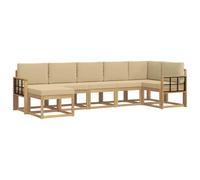 vidaXL Set di divani da esterno 7 pcs Bianco e Beige Poliestere, Set Divano Modulare da Giardino, Salotto Esterno Moderno, Mobili Patio in Legno Acacia, Resistente agli Agenti Atmosferici