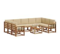 vidaXL Set di divani da esterno con cuscino 10 pcs Naturale e Beige, Set di divani da giardino, moderno divano da esterno in acacia, sezionale riconfigurabile, mobili da patio durevoli per il lounge