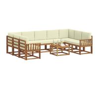 vidaXL Set di divani da esterno con cuscino 10 pcs Naturale e Crema, Set di divani da giardino, moderno divano da esterno in acacia, sezionale riconfigurabile, mobili da patio durevoli per il lounge