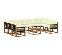 vidaXL Set di divani da esterno con cuscino 10 pcs Naturale e Crema, Set di mobili da esterno moderno, divano in legno di acacia, schienale in Textilene, comodo per il giardino
