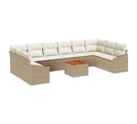 vidaXL Set di 11 divani da giardino con cuscino, beige, in rattan di acacia, per esterni, in tessuto resistente alle intemperie, ideale per incontri, tavolo a quattro posti, tavolino da caffè
