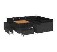 vidaXL Set di 12 divani da giardino con cuscino, nero, in polyrattan, in acacacia, 3 pezzi, con cuscino, colore: nero