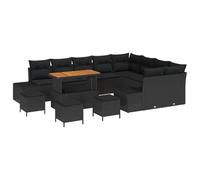 vidaXL Set di Divani da Giardino 13 Pezzi con Cuscini Nero Polyrattan Acacia, Divano da Giardino 2 Posti con Contenitore&Cuscini Nero Polyrattan, Set da Pranzo da Giardino 4 Pezzi con